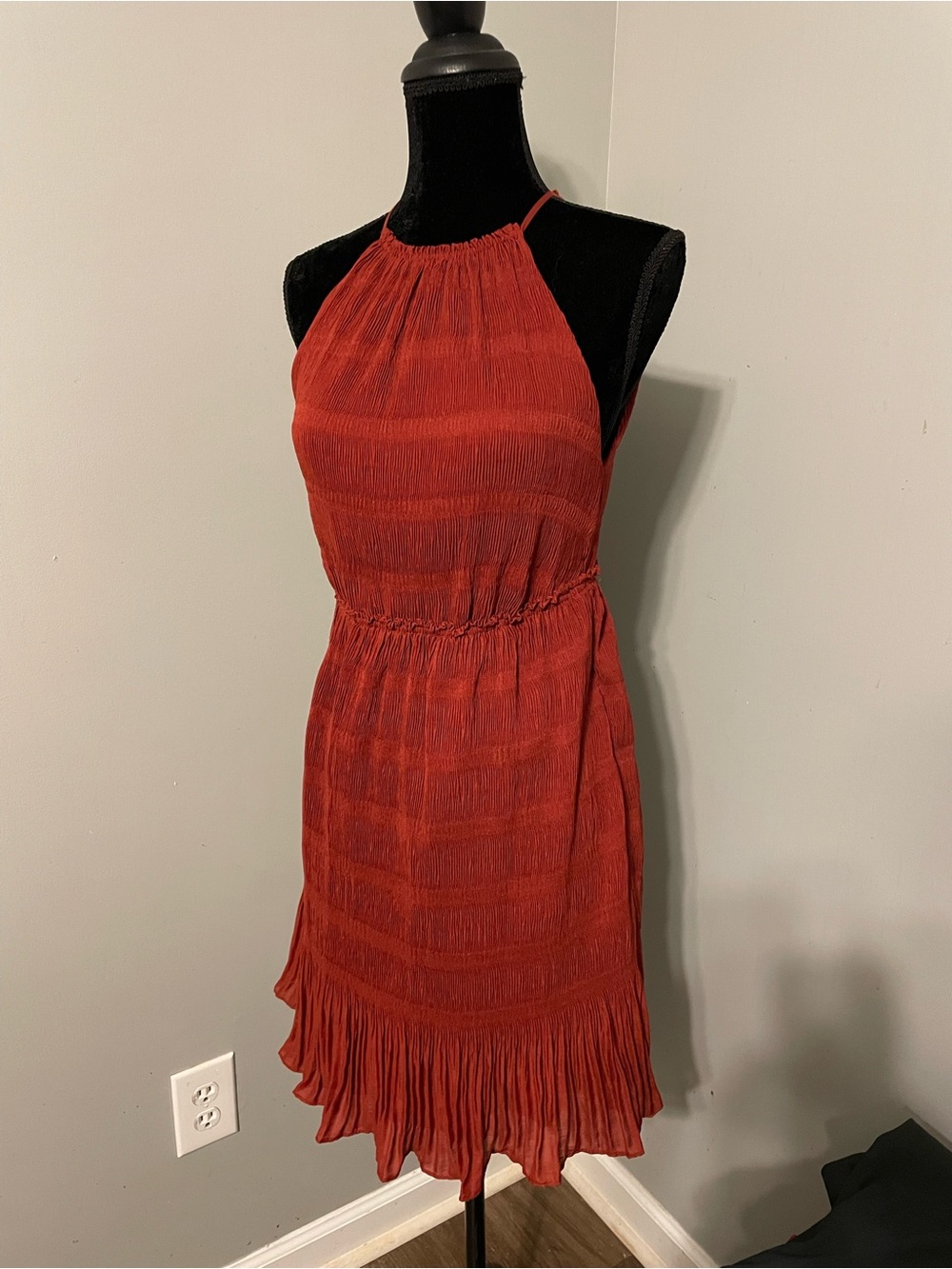 Rebecca Taylor Rust Red Halter Pleated Voile Dress